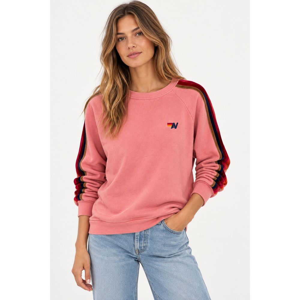 AVIATOR NATION Velvet Stripe Crewneck Sweatshirt Pink Medium